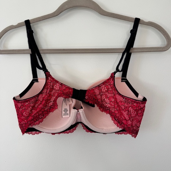 Victoria's Secret Bra Dream Angels Lined Demi Pink Red Lace Black Straps Bow 34C - Picture 2 of 13